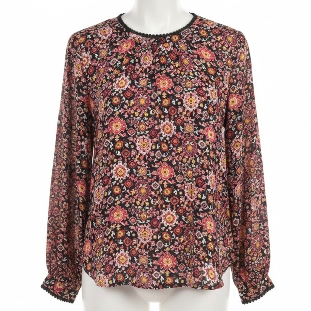 LOFT Size S Black Red Floral‎ Peasant Blouse Romantic Bohemian Cottagecore Top